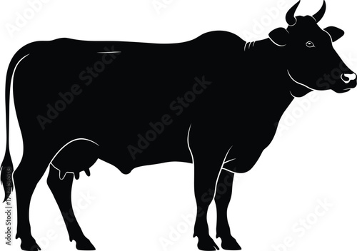 Black cow silhouette grazing near mountain range, minimalist vector illustration, rural farm animal artwork, agriculture design, countryside livestock symbol, nature graphic art