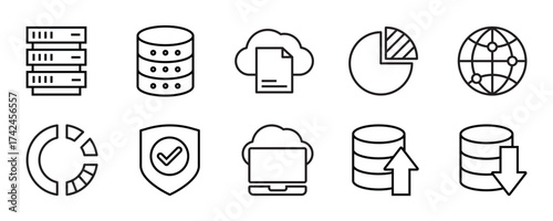 Data entry clerk icon collection set. Containing data, file, document, database, chart, cloud storage, task list, time management icon. Simple flat vector