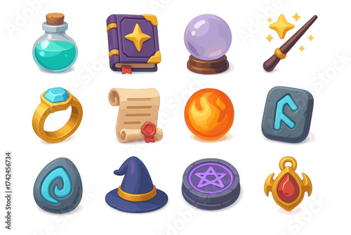 Colorful fantasy magic items collection: potion, spellbook, wand, and mystic accessories
