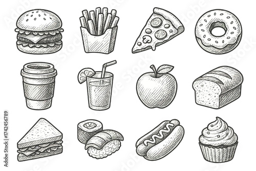 Sketch style fast food icons with burgers, fries, pizza, donuts, and more