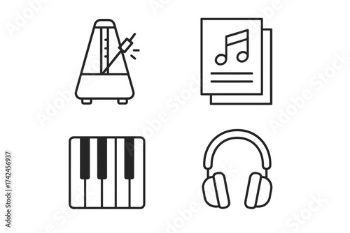 Outline icons of metronome, sheet music, piano keyboard, and headphones