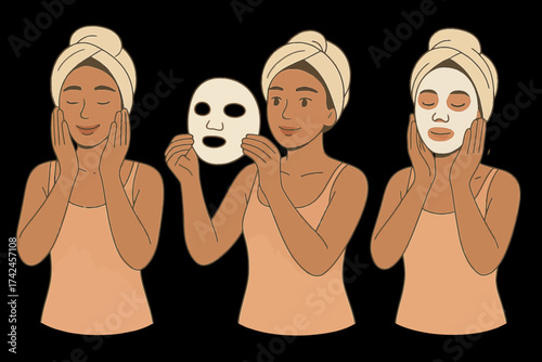 Young african female applying face mask: skincare routine in steps