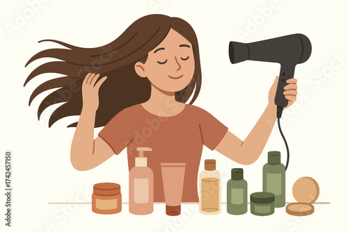 Young female caucasian drying hair with hairdryer in bathroom
