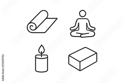 Yoga practice essentials: mat, meditation, candle, and block icons
