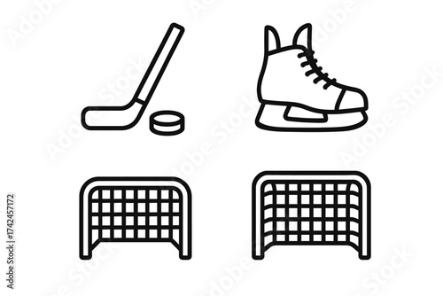 Ice hockey equipment icon set: stick, puck, skate, goal net illustrations
