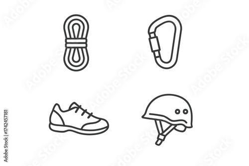 Outline icons of climbing gear: helmet, rope, carabiner, shoe