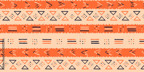 Abstract geometric pattern with horizontal stripes in orange and beige. The orange stripes have jagged edges and contain symbols like arrows, dashes, and dots.