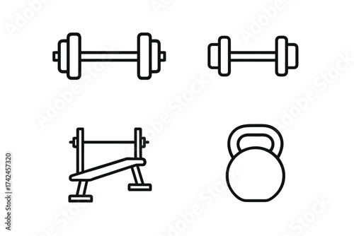 Set of gym equipment icons: dumbbells, bench press, and kettlebell