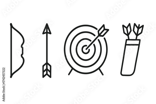 Archery equipment icons: bow, arrow, target, quiver line art