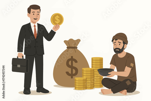 Contrast of wealth: businessman with money and homeless man begging