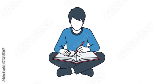Faceless student drawing in notebook while sitting cross-legged with a red pencil
