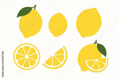 Illustrated lemons: whole, sliced, wedge, halves with green leaves on white background