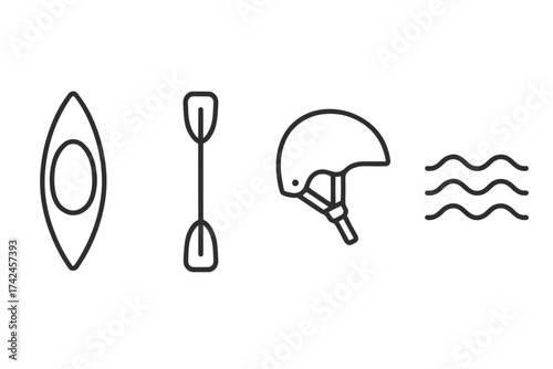 Line art illustration of kayak, paddle, helmet, and water waves