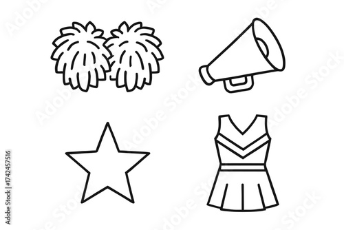 Cheerleading icons: pom-poms, megaphone, star, and cheer dress outline