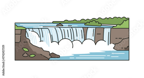 Majestic waterfall illustration showcasing nature's raw power in a simplified design evoking