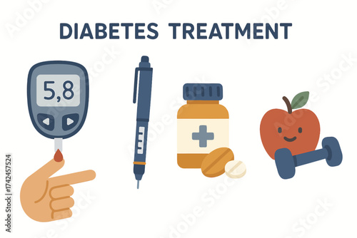Diabetes treatment tools: glucometer, insulin pen, medication, healthy living