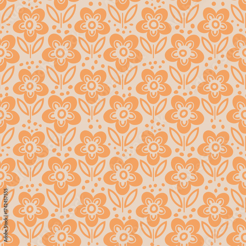 Small orange dots are scattered between the flowers. The flowers have a simple, cartoon-like design with rounded petals and a circular center.