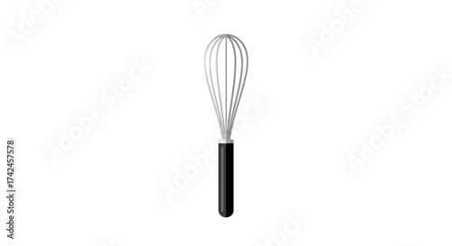 Illustration of a kitchen whisk with stainless steel wires and a black handle on white