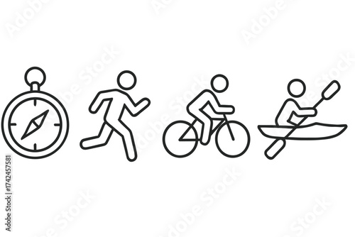 Outdoor adventure icons: compass, running, cycling, kayaking symbols