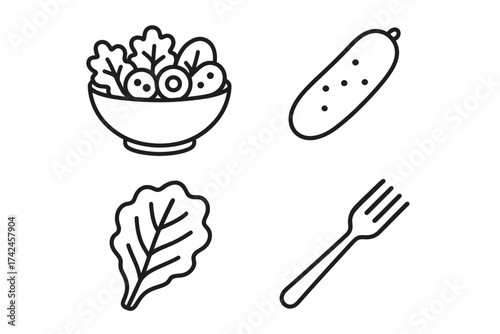 Minimalist icons of salad bowl, cucumber, lettuce leaf, and fork