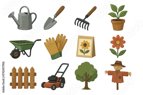 Collection of gardening tools and accessories including watering can, shovel, rake, and plants