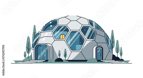 Futuristic geodesic dome house surrounded by minimalistic trees and subtle landscaping