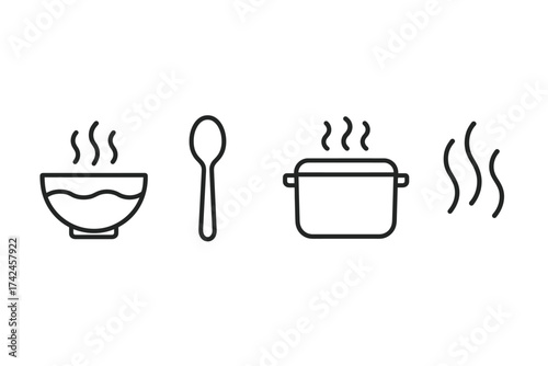 Line art icons of steaming bowl, spoon, pot, and steam lines on white background