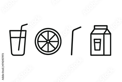 Minimalist line art of orange juice, straw, and carton