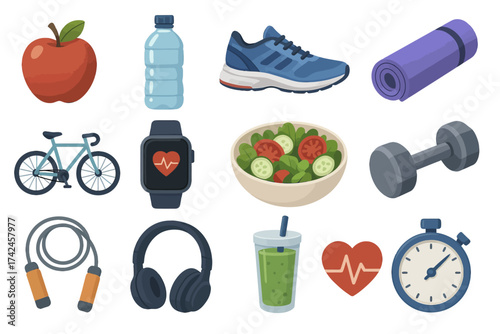 Healthy lifestyle essentials: fitness gear, nutrition, and exercise equipment icons