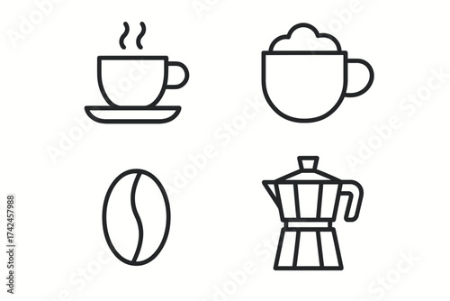 Minimalist coffee icons set: steaming cup, cappuccino, coffee bean, moka pot