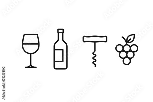Minimalist wine icons: glass, bottle, corkscrew, grapes line art