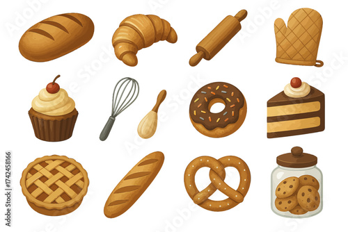 Assorted bakery items: breads, pastries, and baking tools collection