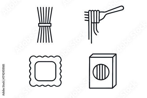 Outline icons of spaghetti bundle, fork with spaghetti, ravioli, pasta box