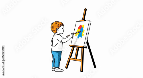 Illustration of a young child painting an abstract picture on an easel with primary colors