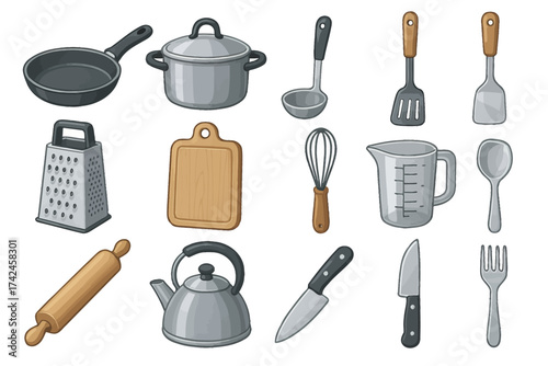 Collection of kitchen utensils: frying pan, spoons, knives, ladle, whisk, kettle