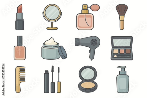 Beauty essentials: makeup tools and cosmetics collection for daily routine