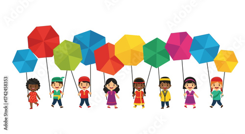Vibrant global unity: a collection of diverse children parading with colorful hexagonal umbrellas