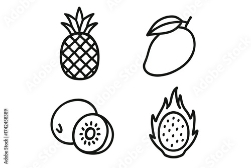 Black and white outline icons of pineapple, mango, kiwi, and dragon fruit