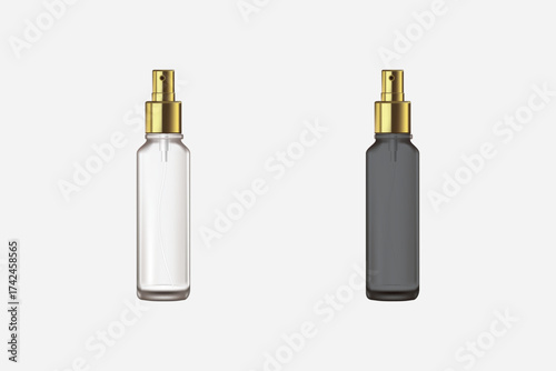 Realistic spray pump bottle mockup with metallic details. Ideal for perfume, mist, and cosmetic design presentation.