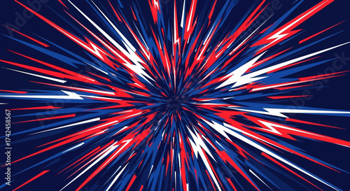 Dynamic explosion of vibrant red, white, and blue lines converging towards a central focal point