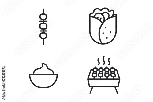 Outline icons of skewer, taco, sauce, and barbecue grill