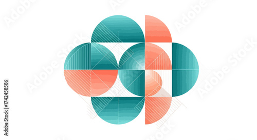 Geometric design with circles and semi-circles in coral and teal color scheme