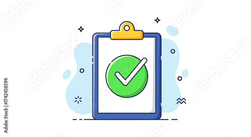 Stylized clipboard with a green checkmark emblem, symbolizing completion or approval indication