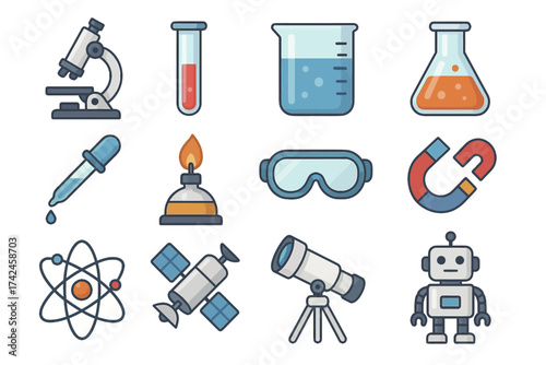 Science icons: laboratory equipment and technology elements set