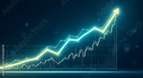 Financial growth visualization with ascending graph and upward trend arrow symbolizing advancement