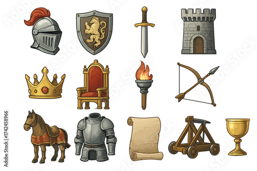 Medieval icons collection: helmets, shields, swords, castles, crowns, thrones, torches, bows, horses, armor, scrolls, catapults, goblets