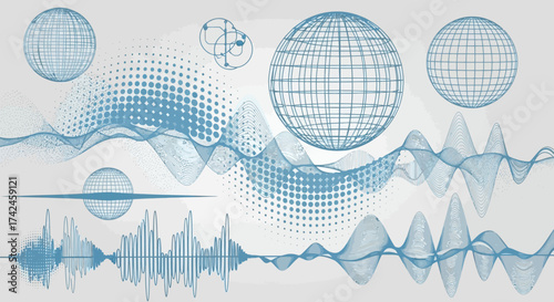 Abstract audio waves design with a geometric grid globe pattern and halftone textures