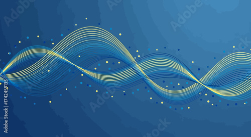 Fluid dynamics design featuring curving lines and dispersed dots on a blue background