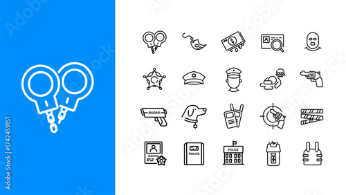 Police and law enforcement icon set. Collection of thin line icons including handcuffs, badge, police officer, gun, radar, K9 dog, and security symbols. Outline vector illustration for crime preventio