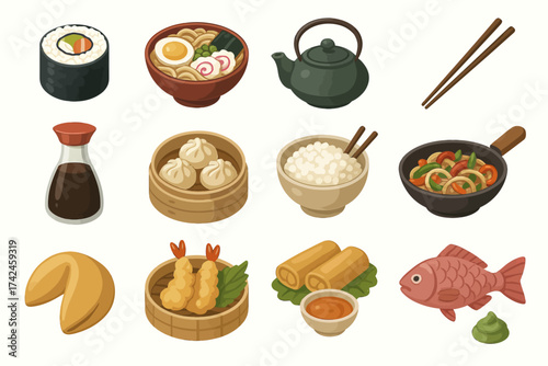 Icon set of popular asian foods featuring sushi, dumplings, and tea